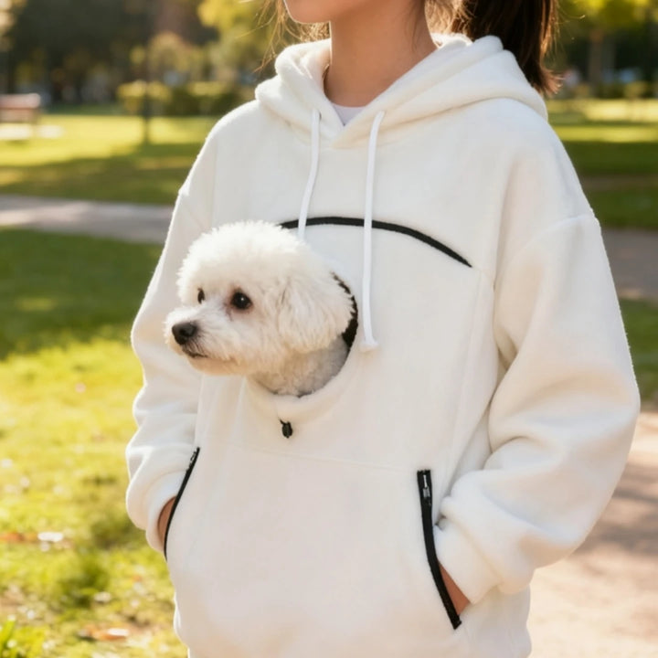 White WagPouch hoodie with small dog in the front pouch