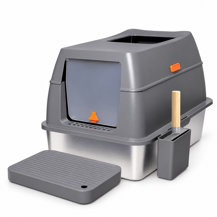 Bingopaw XL enclosed litter box in grey and silver with stainless steel tray, front step and scoop holder; AI-edited studio image